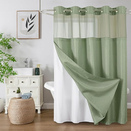 Colorful Star No Hook Shower Curtain with Snap in Fabric Liner, Waffle Weave Heavy Duty Thick Shower Curtains with Mesh Top Window, Hotel Style Waterproof Bathroom Curtain Set, 72'' x 87'', Sage Green