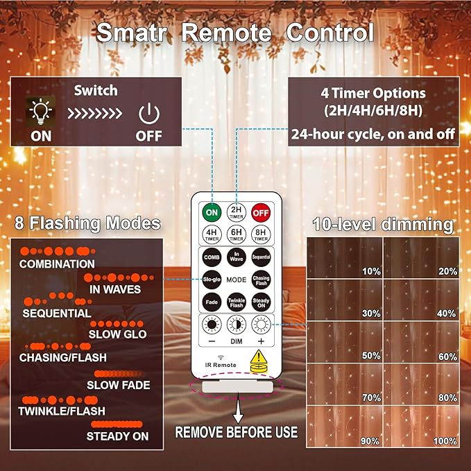 HXWEIYE 300LED Fairy Curtain Lights, 9.8x9.8Ft Orange USB Plug in 8 Modes Timer Christmas String Hanging Lights with Remote for Bedroom Backdrop Wedding Party Home Wall Garden Outdoor Indoor Decor