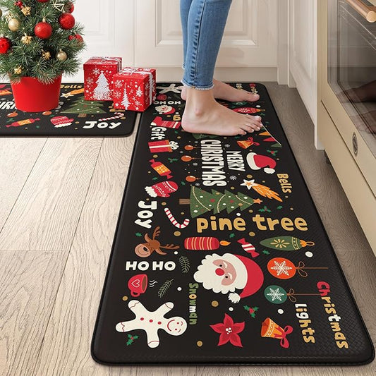Collive Merry Christmas Kitchen Mats for Floor, Cushioned Anti Fatigue Kitchen Rug Set, 2 Piece Non-Skid Waterproof Kitchens Sink Rugs, Comfort Winter Xmas Tree Mat for Laundry Office Desk