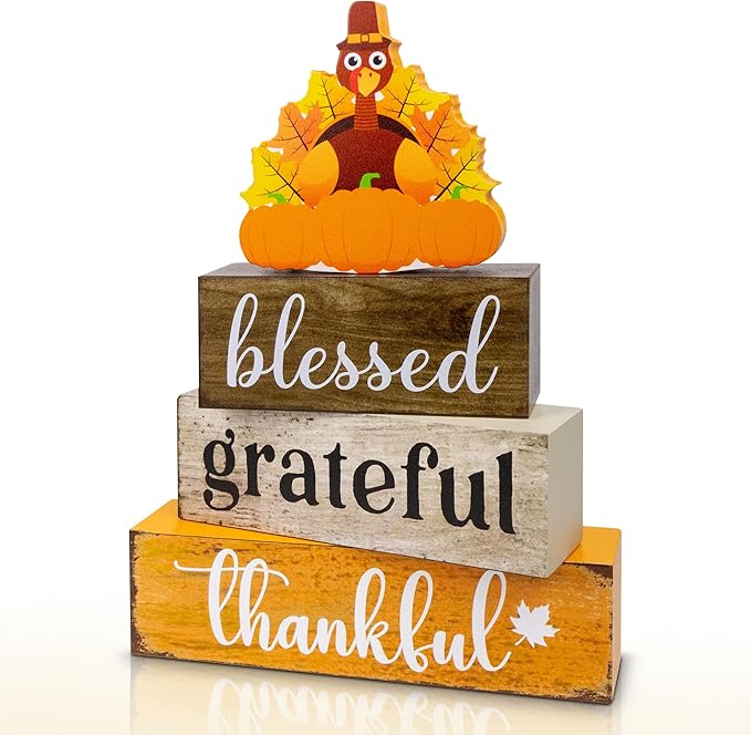 4 Pcs Thanksgiving Wooden Tiered Tray Decor, Blessed Grateful Thankful Decorations Gifts for Home, Fall Table Centerpiece for Fall Party Kitchen