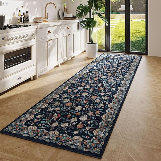 Rugcomf Vintage Paisley Kitchen Runner Rug 2'x6' - Machine Washable, Non-Slip Low Pile Floral Carpet for Laundry, Bedroom, Bathroom - Blue