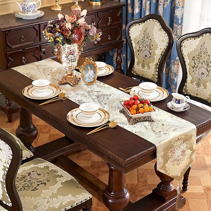 HeMiaor Table Runner with Retro Embroidery Jacquard and Beaded Tassels for Dining Table Christmas Decoration 98 inches Long Beige