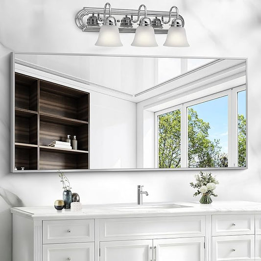 48x24In Silver Bathroom Mirror for Wall, Brushed Nickel Rectangle Mirrors with Metal Frame, Bathroom Rectangular Mirror Modern Wall Mirror for Bedroom Living Room, Hangs Horizontal or Vertical