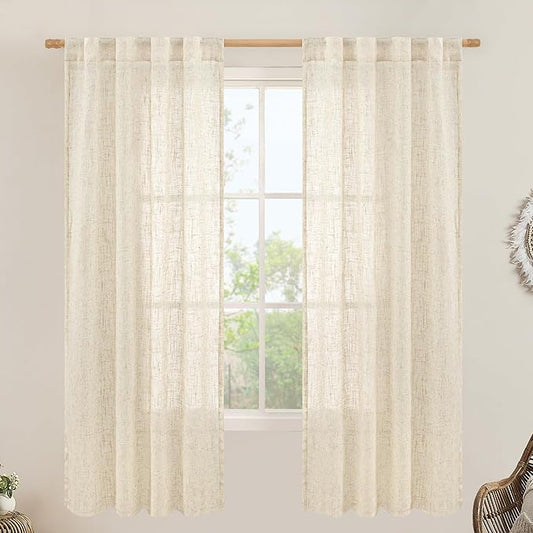 LAMIT Semi Sheer Beige Linen Curtains 72 inch Length, Light Filtering Panels Back Tab and Rod Pocket Neutral Drapes for Bedroom/Living Room, Beige, 2 Panels, 34 x 72 Inch