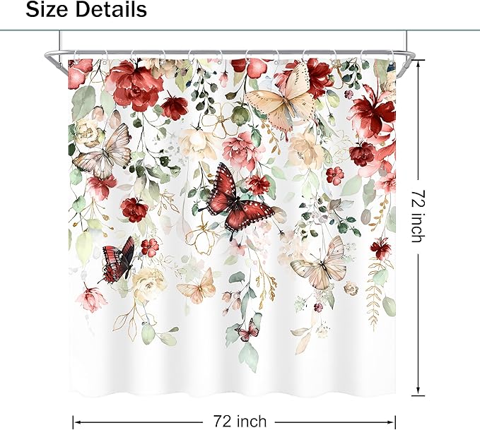Red Floral Butterfly Shower Curtain 72Wx72L Inch Summer Spring Plant Natural Gold Green Leaves Botanical Bathroom Set Woman Girl Elegant Country Bath Curtain Bathtub Accessories Home Decor