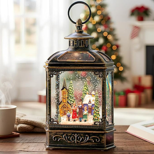 Musical Snow Globe Lantern Lighted Church Carolers Christmas Village Snow Water Lantern Swirling Glittering Home Decoration and Gift, Battery Operated or USB Powered
