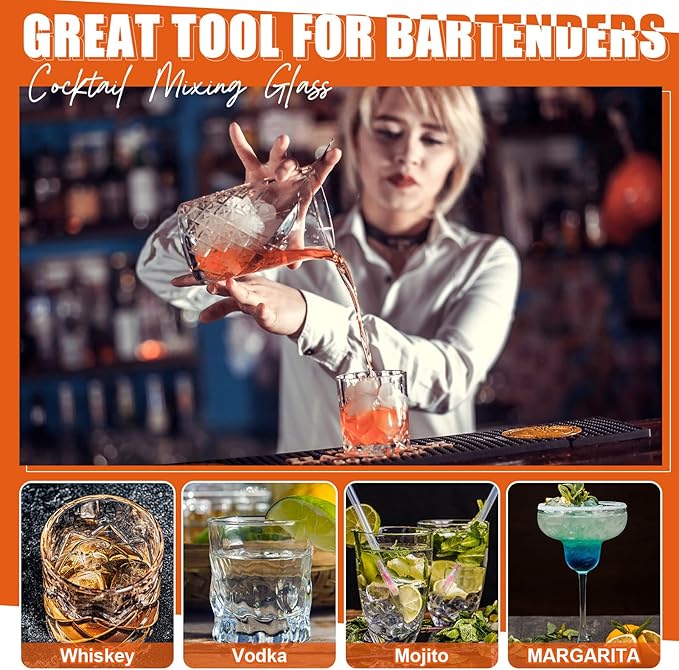 Dandat Cocktail Mixing Glass Crystal Stirring Glass Thick Bottom Seamless Cocktail Pitcher for Home Bartender Bar Whiskey Martini Drink Shaker Accessories (6 Pcs,24 oz)