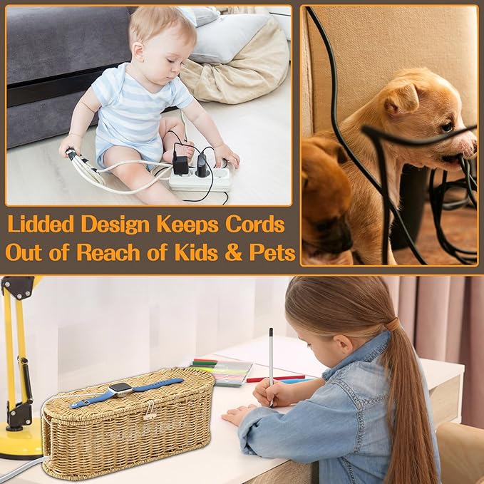 FairyHaus Cable Management Box 2Pack Caramel, Handwoven Large and Small Cable Organizer Box Cover to Hide Cords and Power Strip, Imitation Wicker Cord Organizer Box Hider for Office Desk and Floor