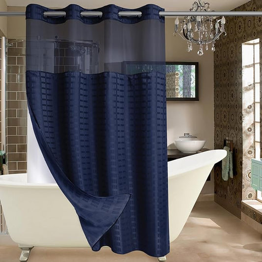 Conbo Mio Stall No Hook Shower Curtain with Snap in Liner Set, Hotel Luxury Navy Blue Shower Curtains for Bathroom with See Through Top Window, Waterproof, Washable 54W x 74H