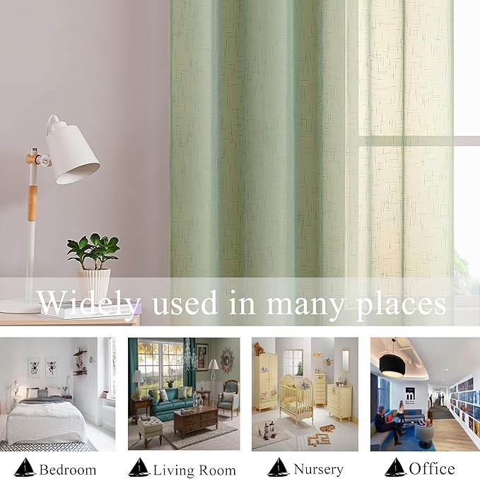 Sage Linen Sheer Curtain Panel Pairs 84 Inches Long with Grommets/Eyelets Rustic Window Treatment Drapery Sets for Living Room Bedroom Farmhouse (Green, 54"x84", 2 Panels)