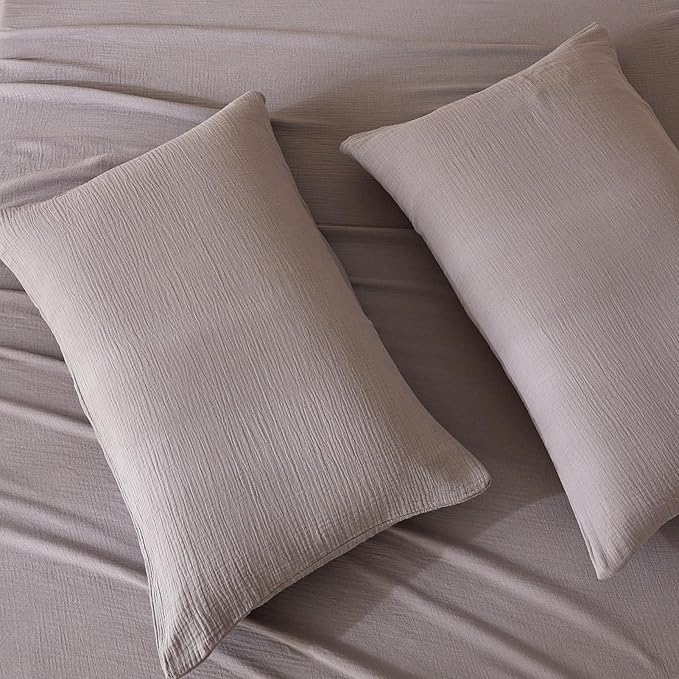 Twin Sheets Set 100% Cotton Bed Sheets 3 Pcs Gray Fall Linen Like Sheet 16" Deep Pocket Sheet & Pillowcase Sets Boho Muslin Soft Twin Bedding Sets for All Season Machine Wash