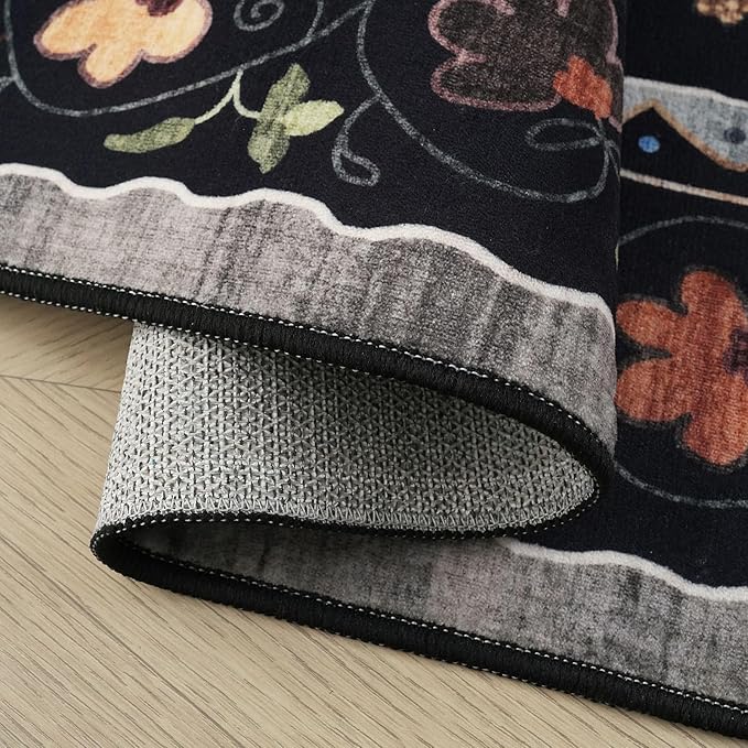 Rugcomf Area Rug 4x6 Rug Washable Boho Rugs Non Slip Low Pile Floral Animal Cat Small Carpet for Bedroom Bedside Kids Room Office Dining Room, Black