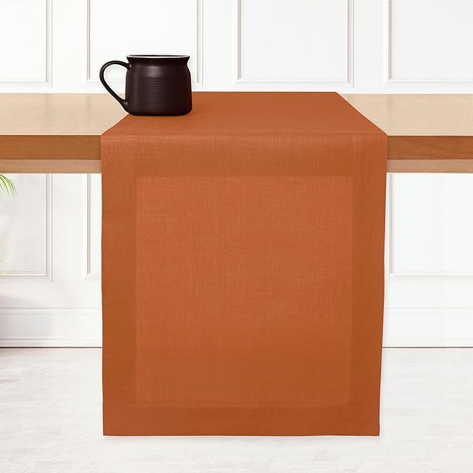 D'Moksha Homes Linen Rust Table Runner 84 Inches Long - 100% Pure Linen 14 x 84 Inch Table Runner for Dining, Fall and Halloween - Machine Washable