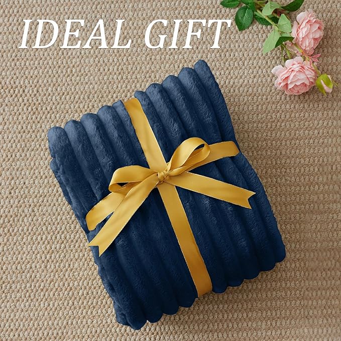 BEDELITE Twin Blanket for Couch & Bed, 300GSM Soft & Warm Fleece Blanket, Decorative and Giftable Striped Navy Blankets for Women, Men, 60"x80"