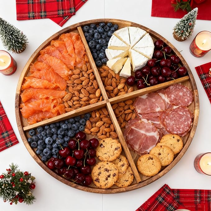 Utoplike Extra Large Acacia Wood Serving Tray, 23.6'' Round Charcuterie board, Cheese board with Rotating Base Raised Edge and Removable Dividers for Food, Snacks, Party, Dining