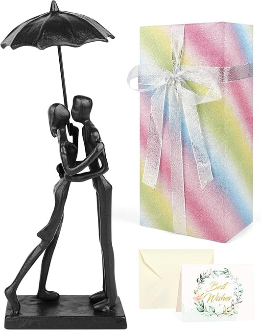 Anniversary for Couple/Her, Affectionate Couple Statue Kissing Under Umbrella, Handcrafted Cast Iron Sculpture in Love, for Wedding Gifts 6th Anniversary Birthday Gifts