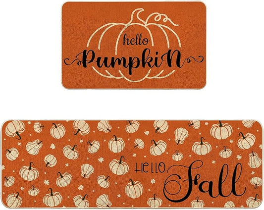 VAKADO Fall Kitchen Orange Pumpkin Mats Rugs Set of 2,for Decor Decorative Home Thanksgiving Pottery Barn Floor Door Bathroom Stain Fade Resistant Non-Slip Rubber Backing Rug(17x29 Inch,17x47 Inch)