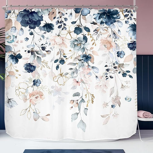 Pink and Blue Floral Shower Curtain 108Wx72H Inch Extra Wide Rustic Flower Eucalyptus Leaf Shabby Chic Plant Botanical Spring Bathroom Set Country Bath Curtain Bathtub Accessories Home Decor