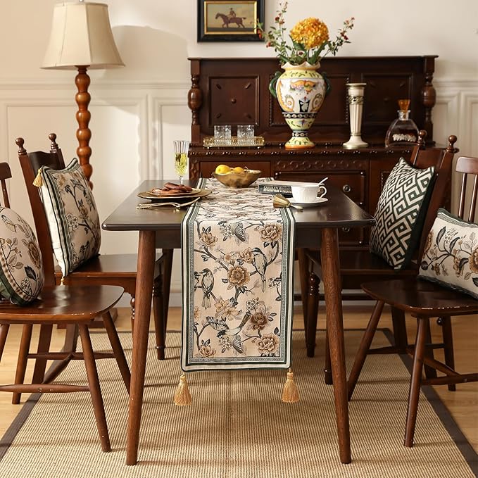 ISAENNE Designer Vintage Beige Linen Table Runner 118 Inches Extra Long,Elegant Floral and Bird Pattern Decor Table Runners for Dining Tables,Thanksgiving,Christmas,Banquet,Party,12"*118"-Murad A