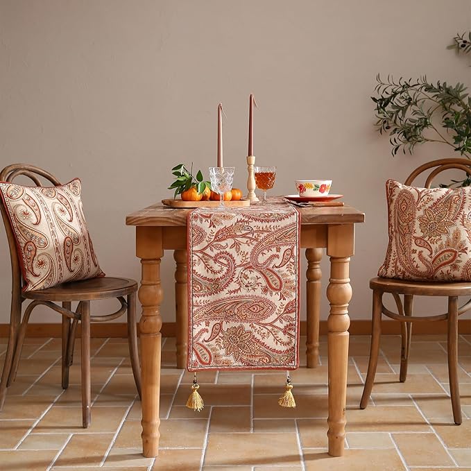 ISAENNE Designer Elegant Red Linen Table Runner 87 Inches Long,Vintage Paisley Pattern Durable Table Runners for Dining Tables,Thanksgiving,Kitchen Tables,Christmas,12"*87"-Chauffrey A
