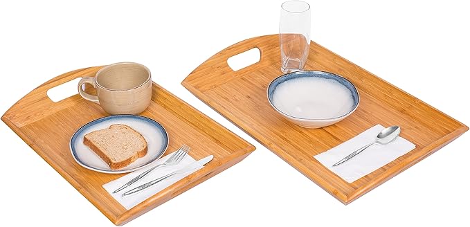 BIRDROCK HOME Breakfast Serving Tray with Handles - Set of 2 - Natural Bamboo - Wood - Food - Breakfast Tray - Party Platter - Nesting - Kitchen and Dining