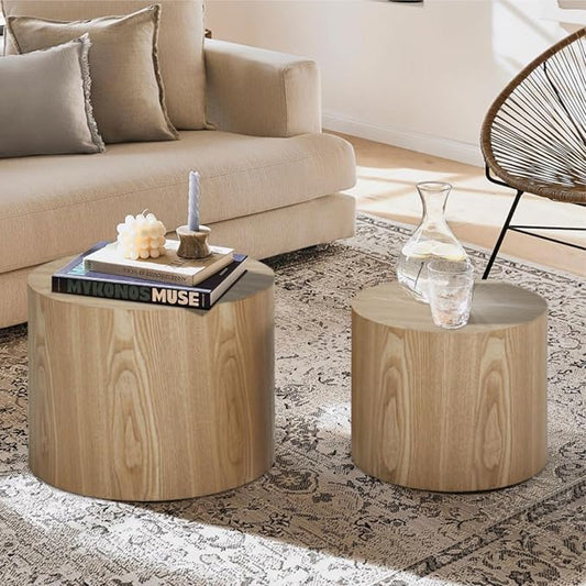 Nesting Coffee Table Set of 2, Wood Round Coffee Table, Modern Coffee Table for Small Space Living Room, Wood Color