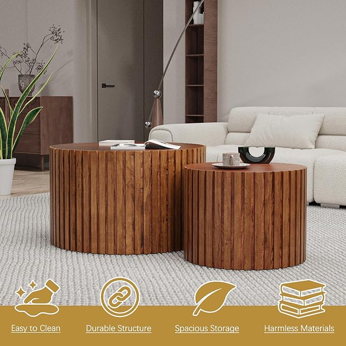 Round Coffee Table Set of 2 Modern Nesting Coffee Tables Wooden Drum Coffee Tables with Non-Slip Feet, Circle Nesting Tables End Table for Living Room Office, No Assembly (Brown 27.56"+19.69")