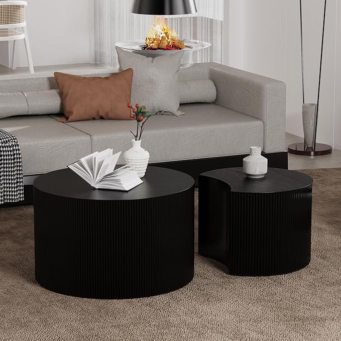 Round Nesting Coffee Table Wood Drum Nesting Tables Modern Stacking Coffee Table Set of 2 Fluted Center Table End Table for Living Room Home Office Small Spaces, No Assembling (Black Crescent)