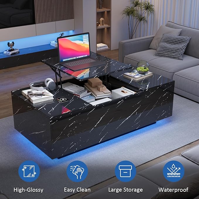 LED Coffee Table, 47.2" Lift Top Coffee Tables with Drawers and Large Storage, Smart Living Room Table with Wireless Charging & Bluetooth Speaker, Dining Center Tables with Storage Shelf