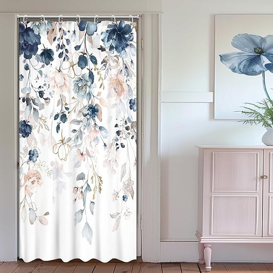 Small Stall Floral Shower Curtain RV Flower Blue Pink Watercolor Rustic Boho Eucalyptus Leaf Plant Half Bathroom Set Narrow Single Girl 36Wx72L Inch Bath Curtain Bathtub Accessories Home Decor