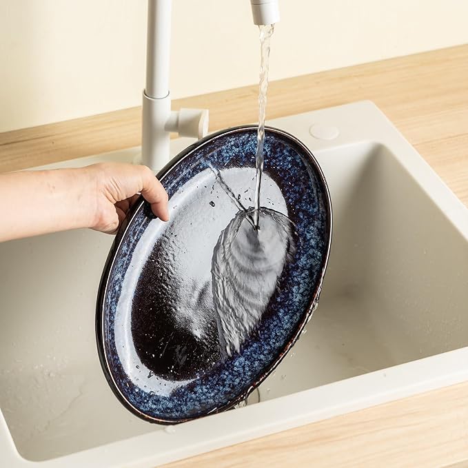 Ceramic Large Serving Platters- Set of 3 Oval Platters for Entertaining. Modern Kitchen Dishes for Dinner, Fruit, Salad, Turkey.Oven, Dishwasher Safe, 15.75"/13.75"/12",Speckled Bluish Purple