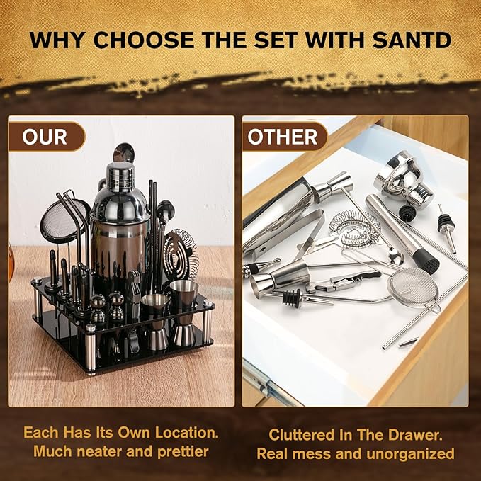 KINGROW Cocktail Shaker Set 29-Piece Bartender Kit with Rotating Stand | Bar Set Drink Mixer Set with All Essential Accessory Tools for Drink Mixing, Home, Bar, Party |Black