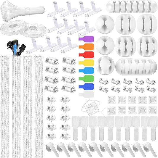 193 PCS Cable Management Kit - 4 Cable Sleeve, 57 Self Adhesive Cable Clips, 12 Hanging Strips, 12 Cable Organizer Straps and 100 Fastening Cable Ties for TV Computer Under Desk (White)