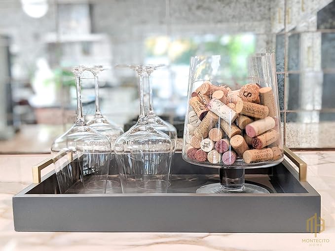 Decorative Coffee Table Tray - Ottoman Tray - Breakfast, Drinks, Liquor Serving Tray - from Farmhouse to Modern - Matte Finish - Brushed Champagne Gold Handles - Charcoal