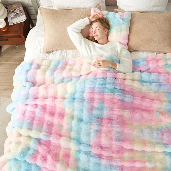 Cozy Bliss Faux Fur Throw Blanket for Couch, Bubble Plush Blanket Queen Size, Fuzzy Soft & Thick Blanket for Bed Sofa Living Room, 90x90 Inches Tie-dye Rainbow