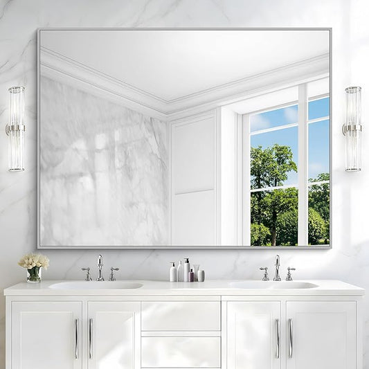 Silver Bathroom Mirror, 48"X36" Rectangle Mirrors for Wall Metal Frame, Bathroom Rectangular Mirror Modern Wall Mirror for Bedroom Living Room, Hangs Horizontal or Vertical