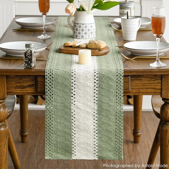 Artoid Mode Light Green Farmhouse Rustic Table Runner, Seasonal Hollow Kitchen Dining Table Decoration for Home Party Decor 12x60 Inch