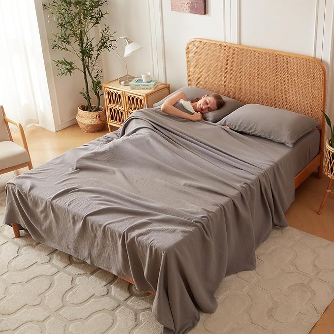 Twin Sheets Set 100% Cotton Bed Sheets 3 Pcs Gray Fall Linen Like Sheet 16" Deep Pocket Sheet & Pillowcase Sets Boho Muslin Soft Twin Bedding Sets for All Season Machine Wash