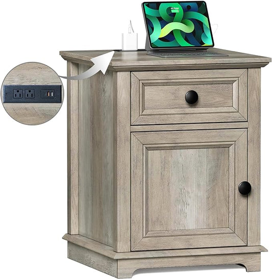 End Table with Charging Station, 18" Side Table with Drawer, Bedside Table Living Room, 24" Tall Nightstand with Drawer for Bedroom, Light Grey.