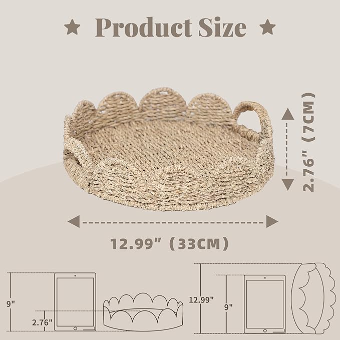 GYASVWU Seagrass Scalloped Tray with Handles,Round Rattan Serving Trays for Coffee Table,Woven Tray for Ottoman Decorative and Organizer Trays (Seagrass)