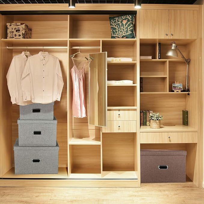 Large Linen Fabric Foldable Storage Bins with Removable Lid and Handles, Washable Storage Box Organizer Containers Baskets Cube with Cover for Bedroom,Closet,Nursery (Grey, Medium(2-Pack))