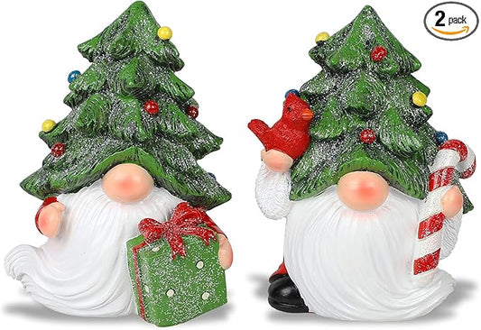 MorTime Set of 2 Christmas Gnomes Table Decorations, Resin Gnome with Gift Box Xmas Tree Snowflake Centerpieces for Desk Shelf Fireplace Winter Holiday Christmas Decor