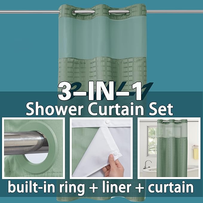 Conbo Mio Stall No Hook Sage Green Shower Curtain with Snap in Liner Set, Hotel Luxury Shower Curtains for Bathroom with See Through Top Window, Waterproof, Washable 36W x 74H