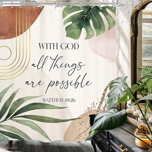 Glawry Boho Bible Verse Shower Curtain 60Wx72L Inches Inspirational Scriptures Quotes Abstract Tropical Green Palm Leaf Mid Century Christian Bathroom Bath Accessories Home Decor Fabric 12 Pack Hooks