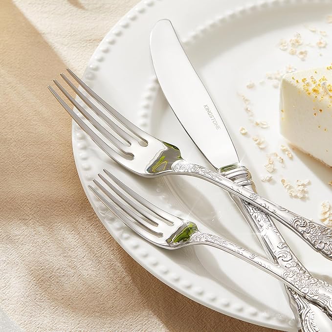 KINGSTONE Vintage Carved Silverware Set, 20-Piece 18/10 Stainless Steel Flatware Cutlery Set with Retro Royal Thick Handle, Tableware Utensils for Home, Restaurant, party, Wedding, Dishwasher Safe