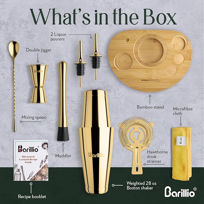 Barillio Gold Mixology Bartender Kit with Stand - Cocktail Shaker Set with Bamboo Stand, Boston Drink Shaker, Mojito Muddler, and Drink Mixer Spoon - 9-Piece Bar Tools Set - Bar Accessories for Home