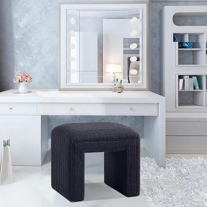 Get Set Style Vanity Stool Chair,Modern Boucle Ottoman Foot Stool with Wooden Legs Sofa Bench Footstool Extra Seat for Vanity,Makeup Room,Living Room,Entryway,Office (Fully Assembled)