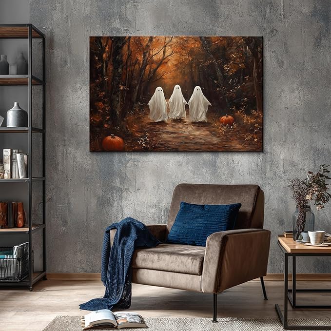 BANHUA1 Vintage Halloween Canvas Wall Art, Cute Ghosts in Haunted Forest Pictures Print, Funny Spooky Lighted Pumpkin Wall Decor for Home, Living Room, 18 x 12 Inch