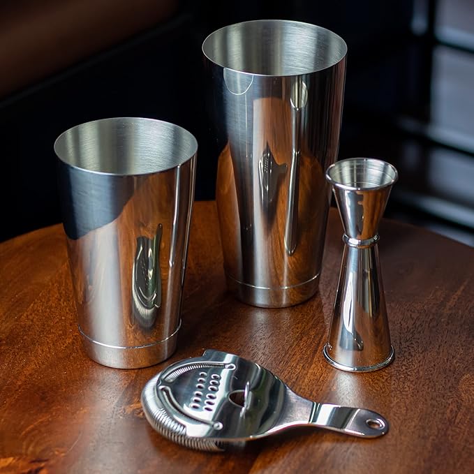 Professional Cocktail Shaker Set Bartending Kit: Weighted Boston Shaker Tins, Hawthorne Strainer and Japanese Jigger