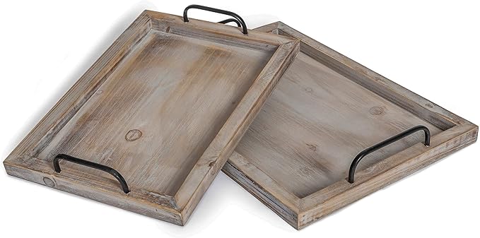 Besti Rustic Vintage Food Serving Trays (Set of 2) | Nesting Wooden Board with Metal Handles | Stylish Farmhouse Decor Serving Platters | Large: 15 x2 x11” - Small: 13 x2 x9” inches (Rustic)